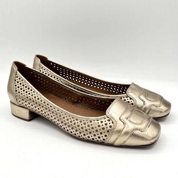 French Soles FSNY Leather Flats Champagne Metallic Laser Cut Square Toe 8-8.5/39 - Picture 1 of 11